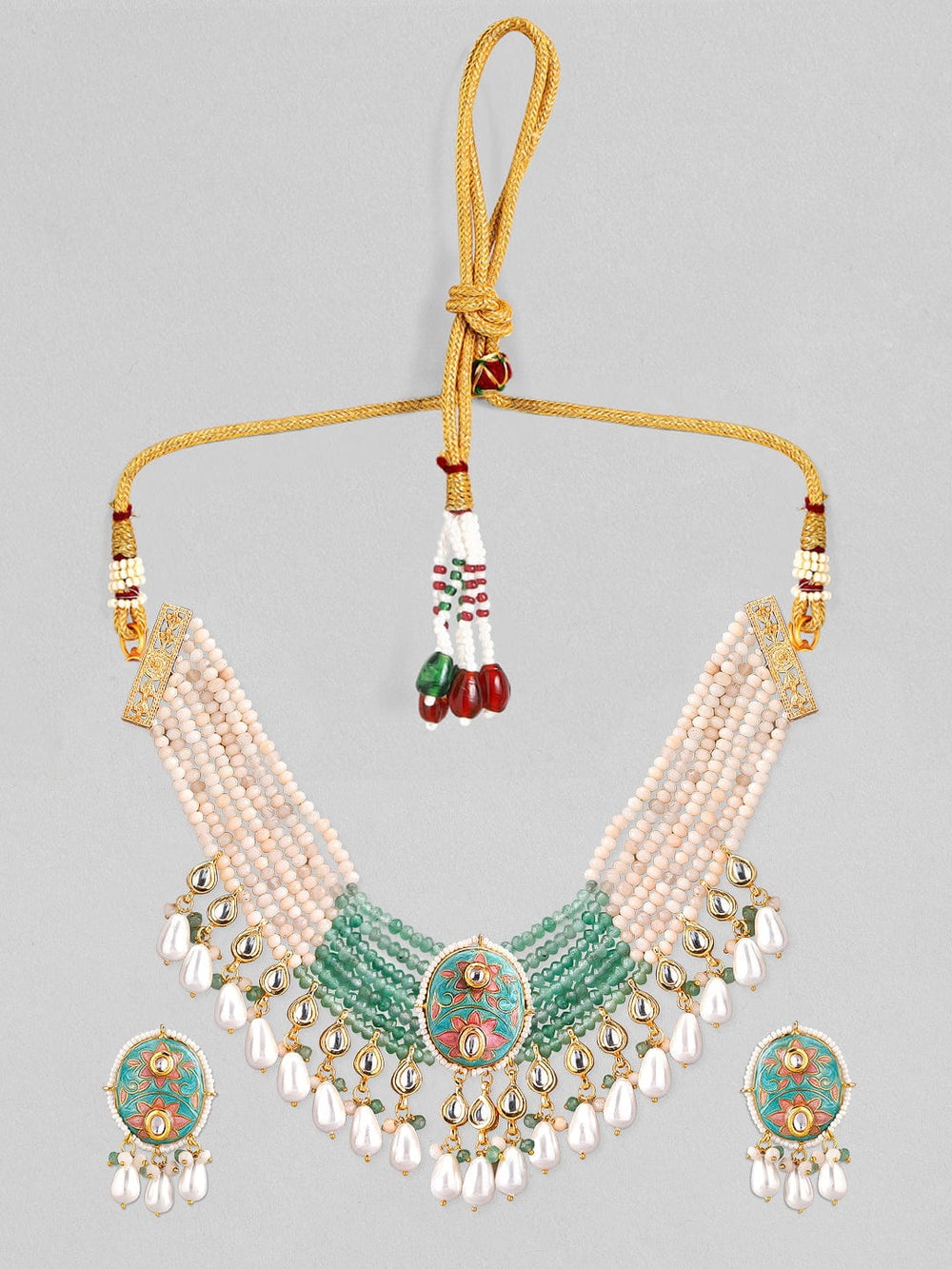Rubans Luxury Gold Plated Enameled Kundan Studded Floral Multicolor Beaded Necklace Set. Necklace Set