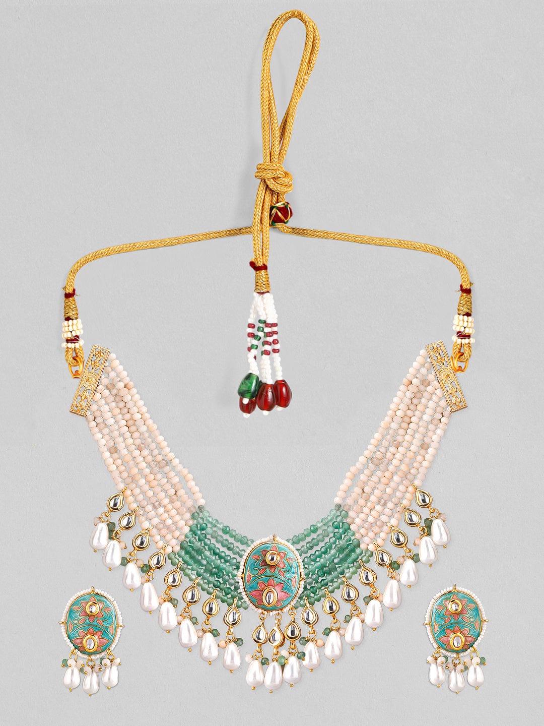 Rubans Luxury Gold Plated Enameled Kundan Studded Floral Multicolor Beaded Necklace Set. Necklace Set