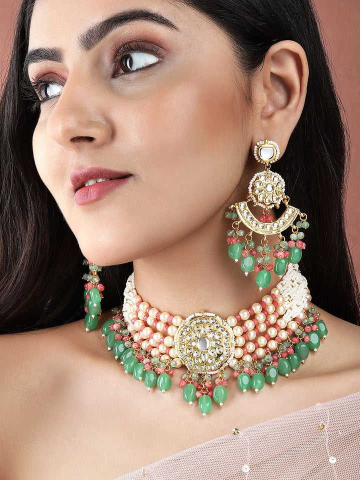 Rubans Luxury Gold Plated Green & Red Beaded Kundan Necklace Set Necklace Set