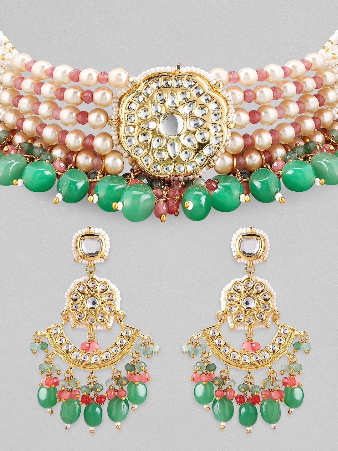 Rubans Luxury Gold Plated Green & Red Beaded Kundan Necklace Set Necklace Set