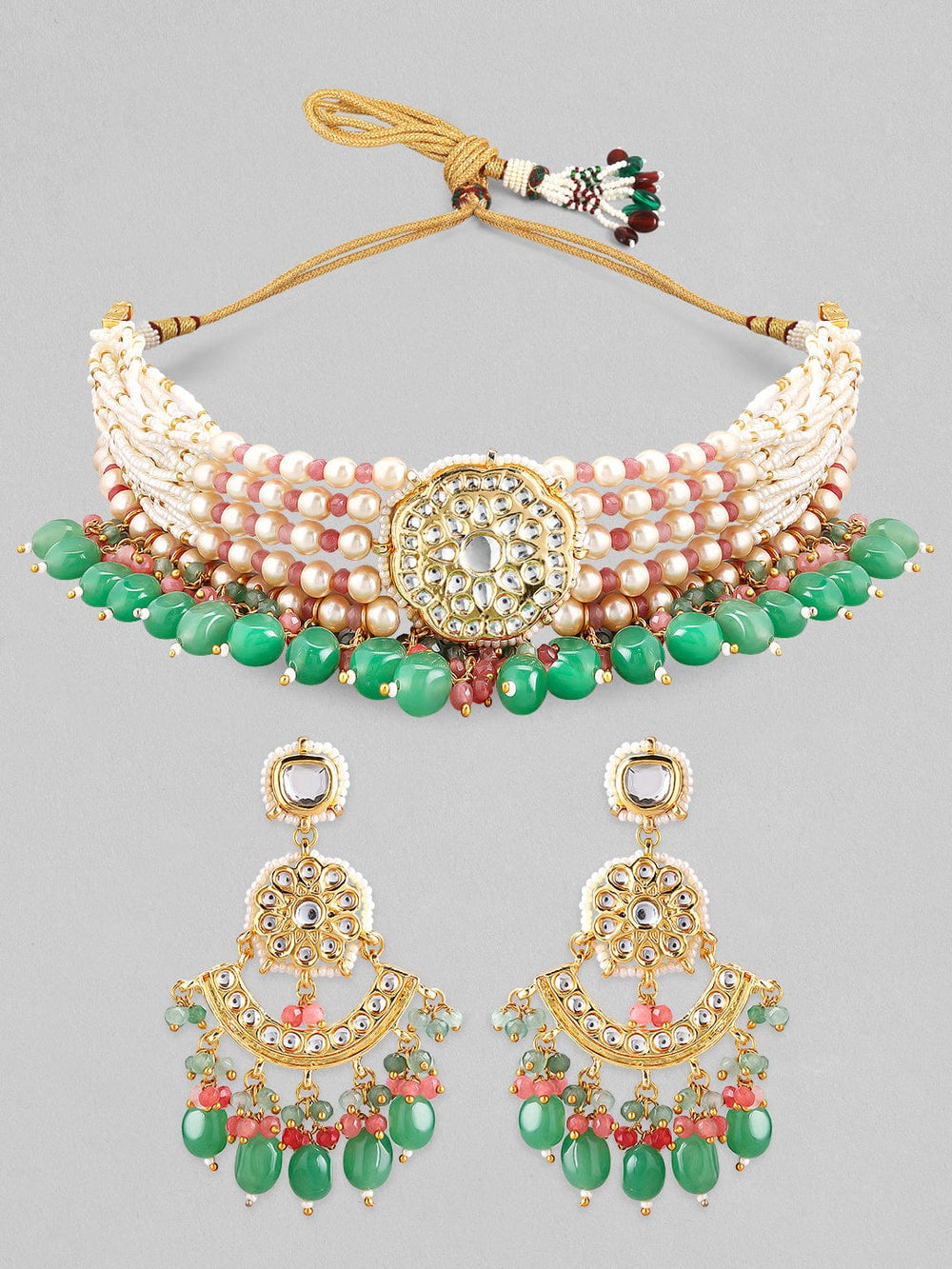 Rubans Luxury Gold Plated Green & Red Beaded Kundan Necklace Set Necklace Set