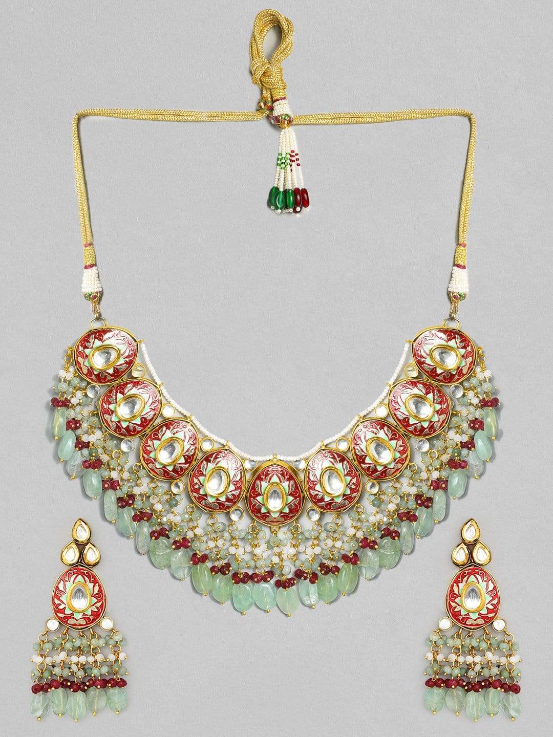 Rubans LUXURY Intricately Handcrafted  22Kt Gold Plated Traditional Red And Green Necklace Set Necklace Set