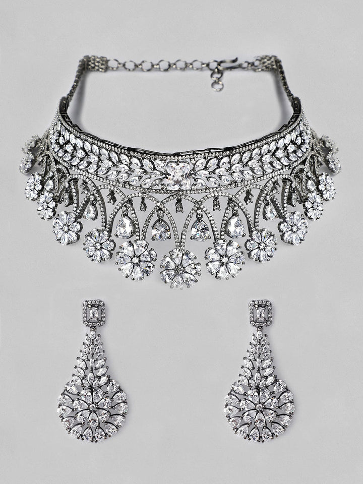 Rubans Luxury Oxidised Silver-Plated White AD-Studded Handcrafted Jewellery Set Necklace Set