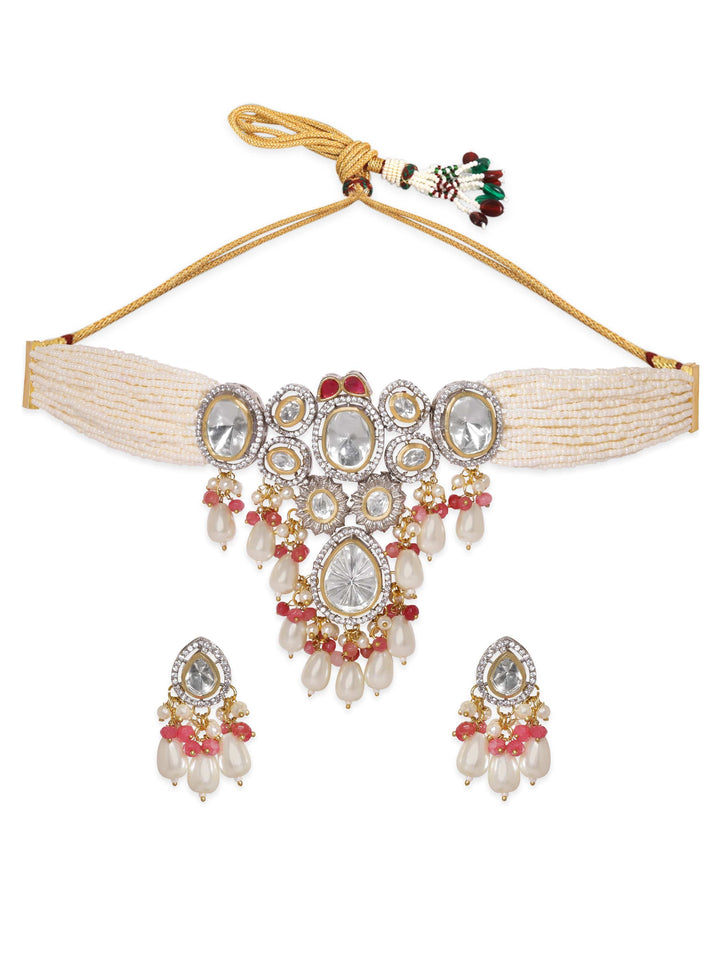 Rubans Majestic Fusion White Pearl with Kundan Necklace Set Earrings