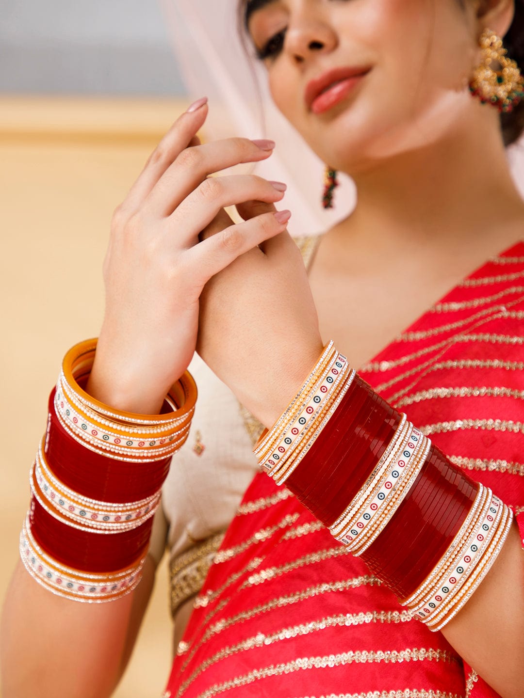 Rubans Maroon And White Chura With Pearls, White Stones And Green Design. Bangles & Bracelets