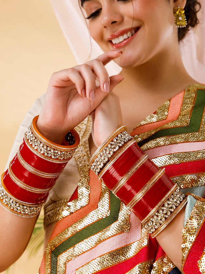 Rubans Maroon And White Color Bridal Chura With Floral Design And Studded AD. Bangles & Bracelets
