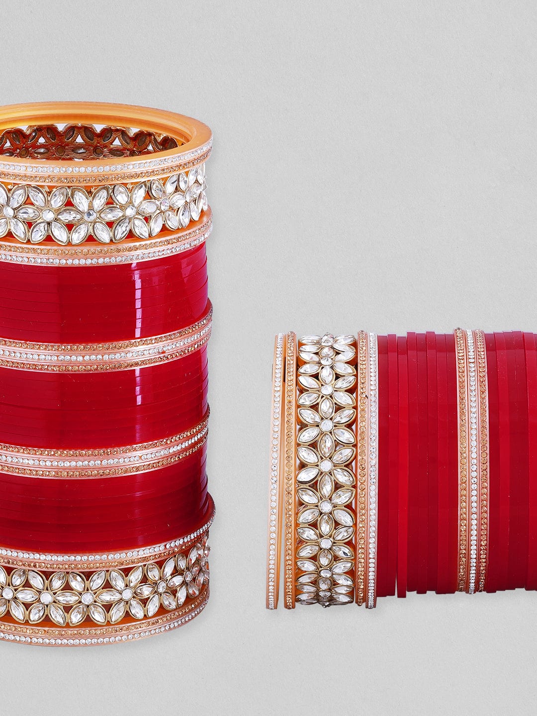 Rubans Maroon And White Color Bridal Chura With Floral Design And Studded AD. Bangles & Bracelets