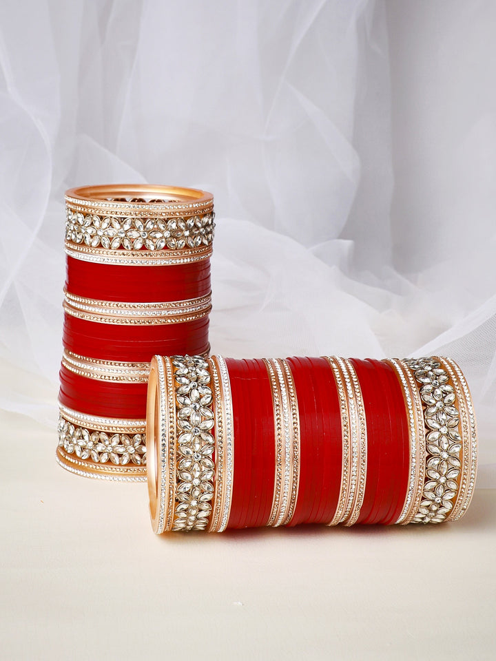 Rubans Maroon And White Color Bridal Chura With Floral Design And Studded AD. Bangles & Bracelets
