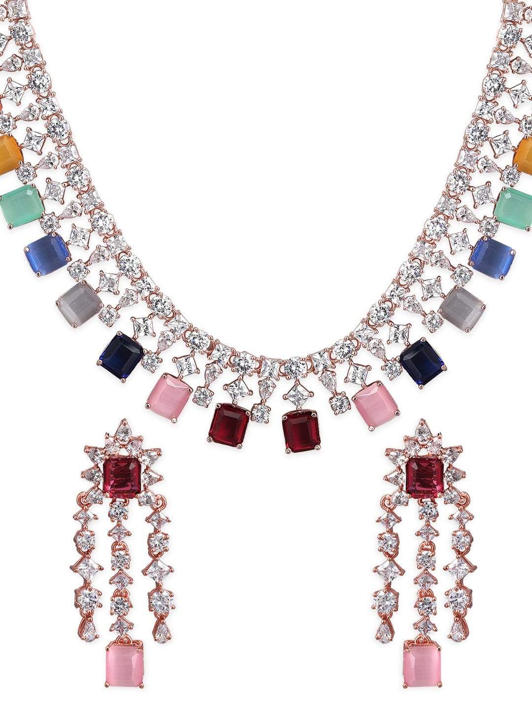 Rubans Multicoloured Stone Studded American Diamond Necklace Set. Necklace Set