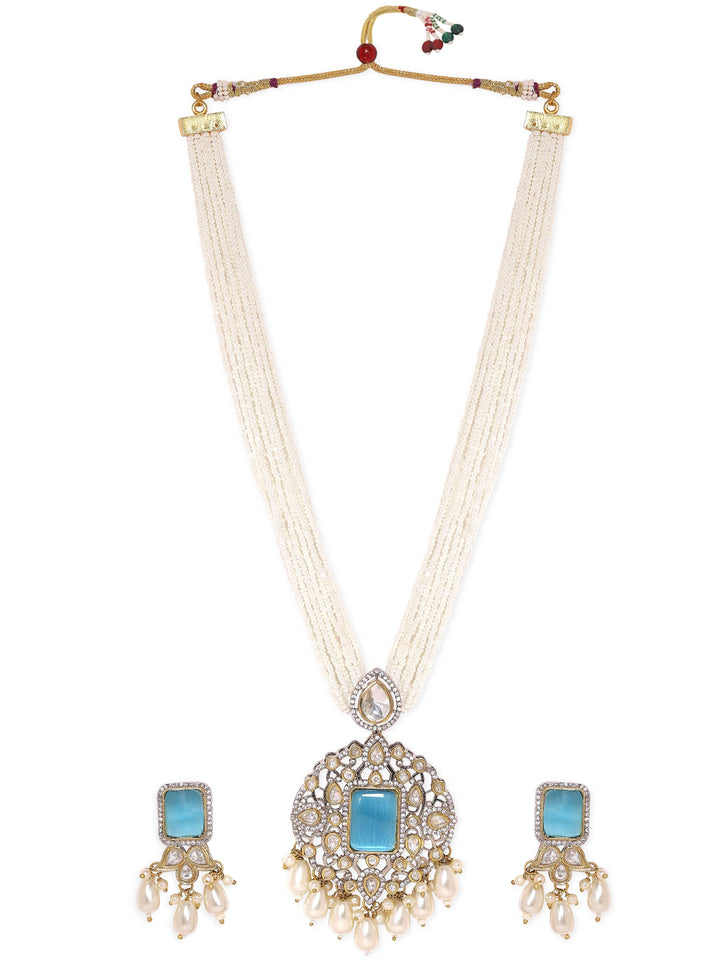 Rubans Ocean's Elegance White Pearl Blue Stone Necklace Set Jewellery Sets