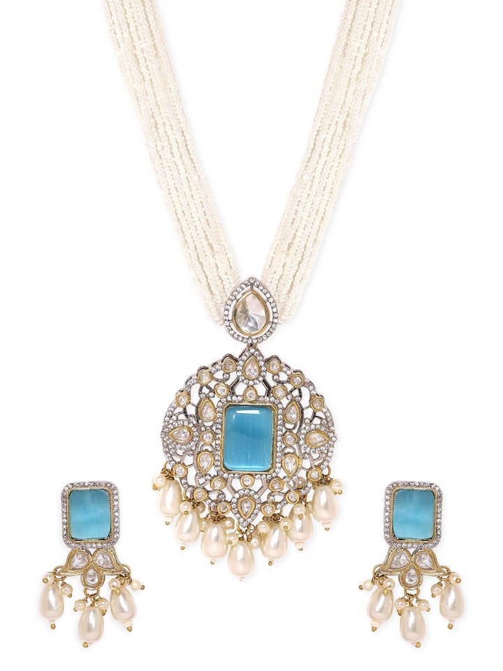 Rubans Ocean's Elegance White Pearl Blue Stone Necklace Set Jewellery Sets