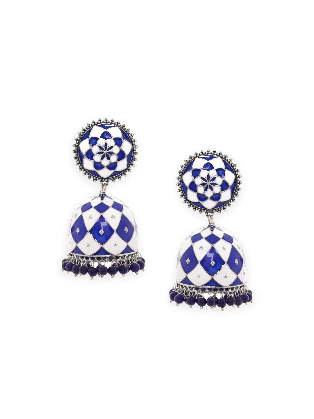 Rubans Oxidized silver Blue & White enamel Blue beaded Statement Jhumka Earrings Earrings