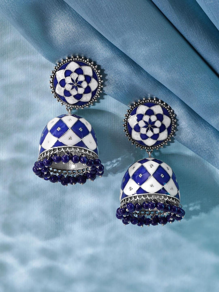 Rubans Oxidized silver Blue & White enamel Blue beaded Statement Jhumka Earrings Earrings