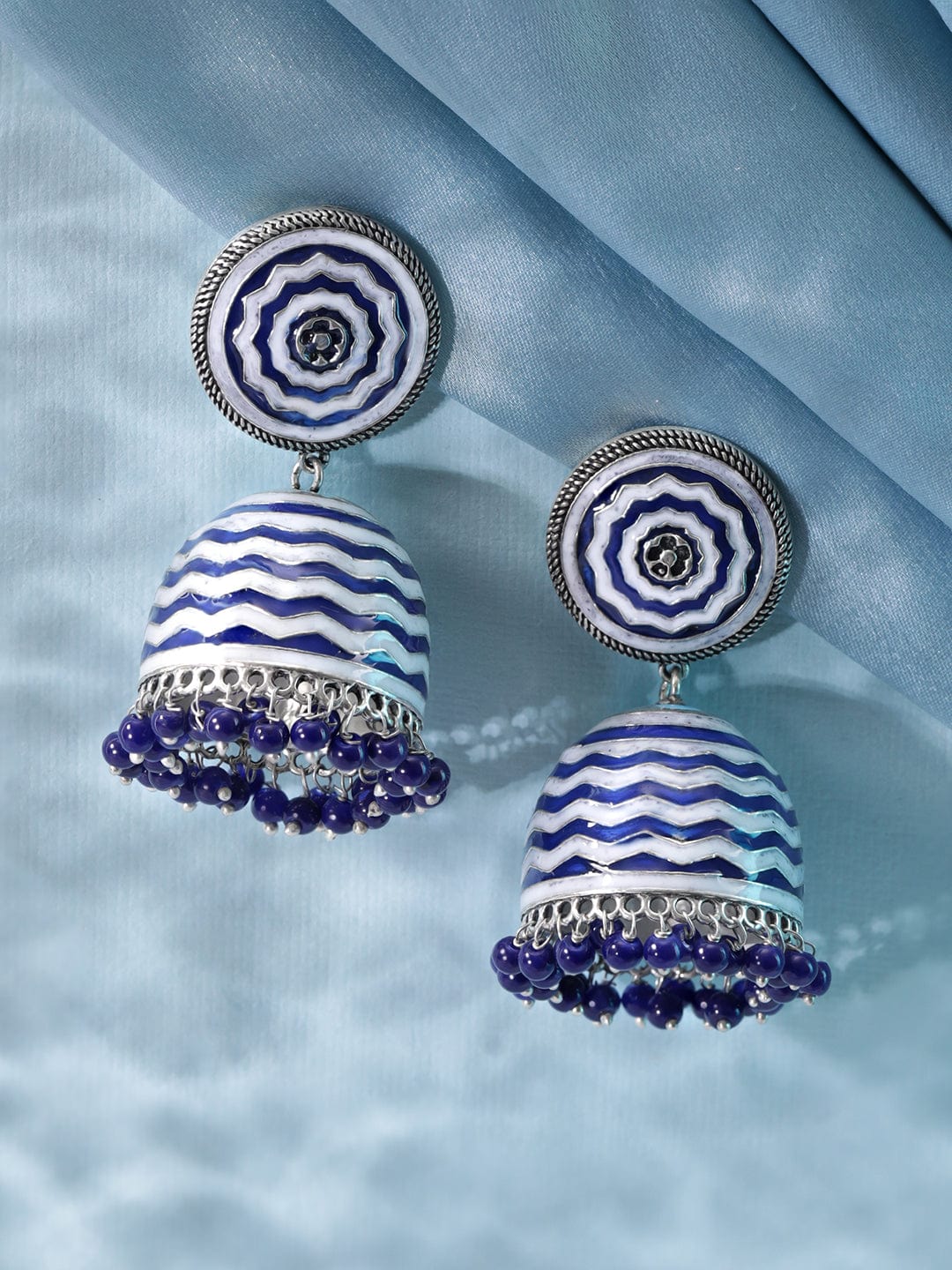 Rubans Oxidized silver Blue & White enamel organic textured Blue beaded Statement Jhumka Earrings Earrings