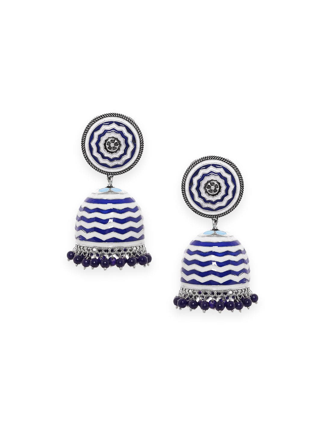 Rubans Oxidized silver Blue & White enamel organic textured Blue beaded Statement Jhumka Earrings Earrings