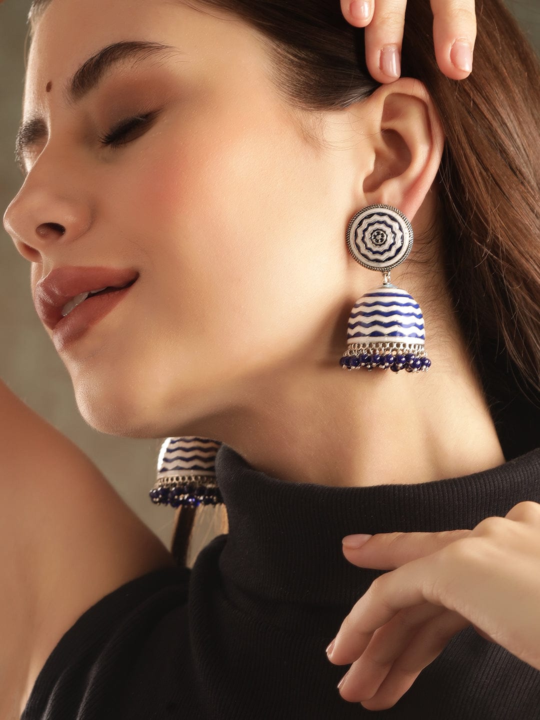 Rubans Oxidized silver Blue & White enamel organic textured Blue beaded Statement Jhumka Earrings Earrings