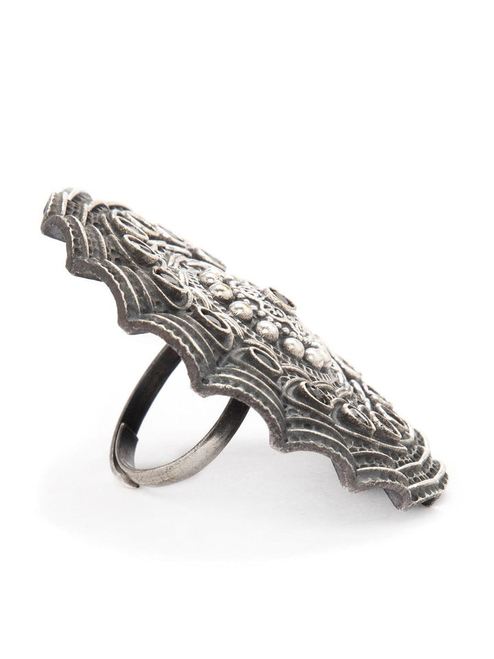 Rubans Oxidized Silver-Plated & Black Artificial Stone-Studded Handcrafted Adjustable Finger Ring Rings