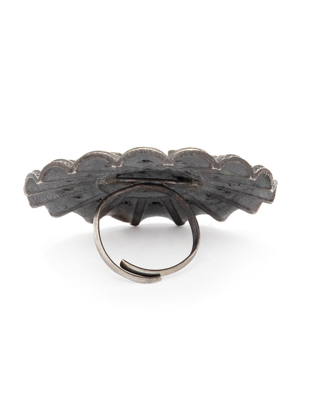 Rubans Oxidized Silver-Plated & Black Artificial Stone-Studded Handcrafted Adjustable Finger Ring Rings