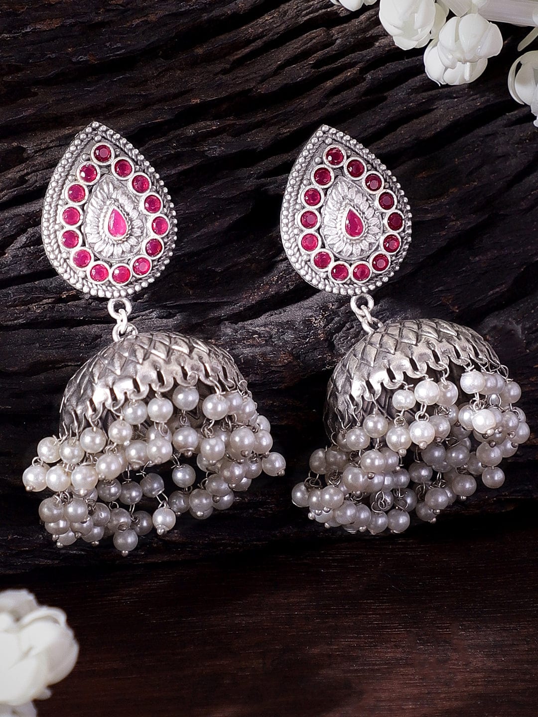 Rubans Radiant Silver & Pink Stone Oxidized Jhumka Earrings Earrings