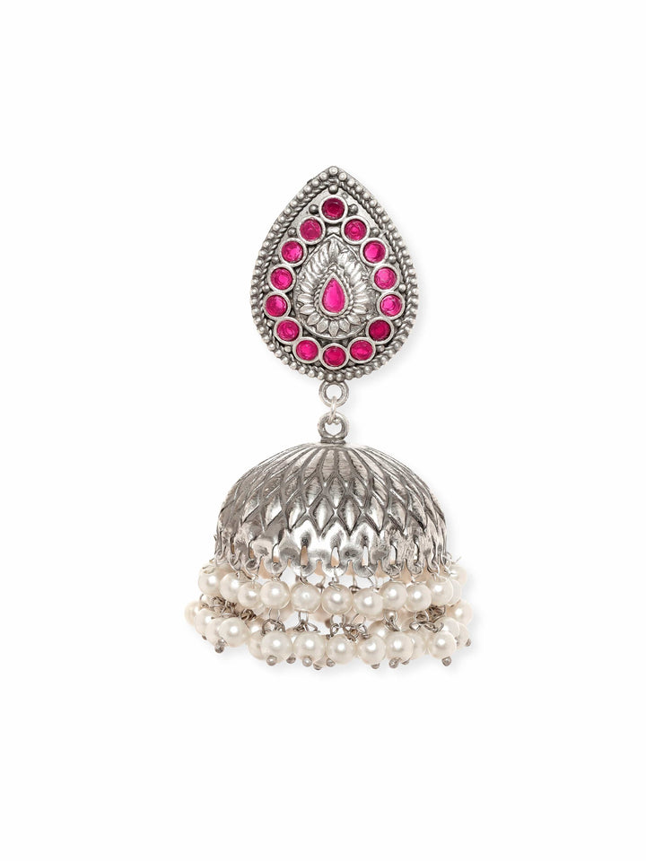 Rubans Radiant Silver & Pink Stone Oxidized Jhumka Earrings Earrings