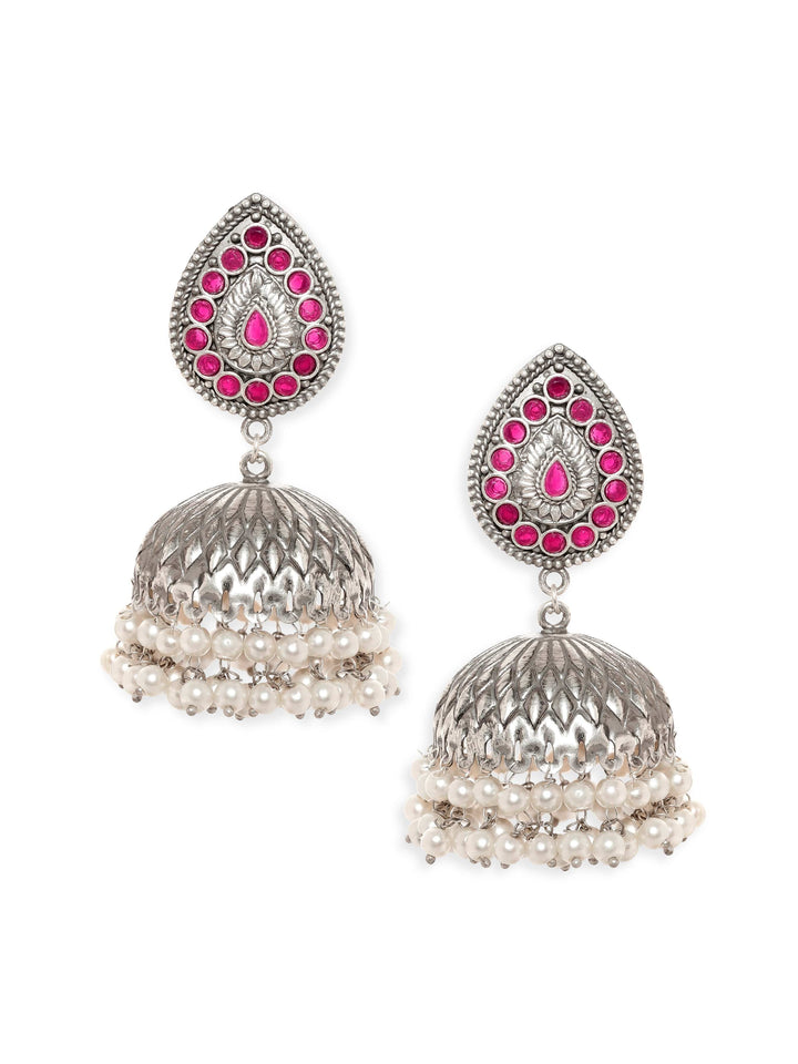 Rubans Radiant Silver & Pink Stone Oxidized Jhumka Earrings Earrings