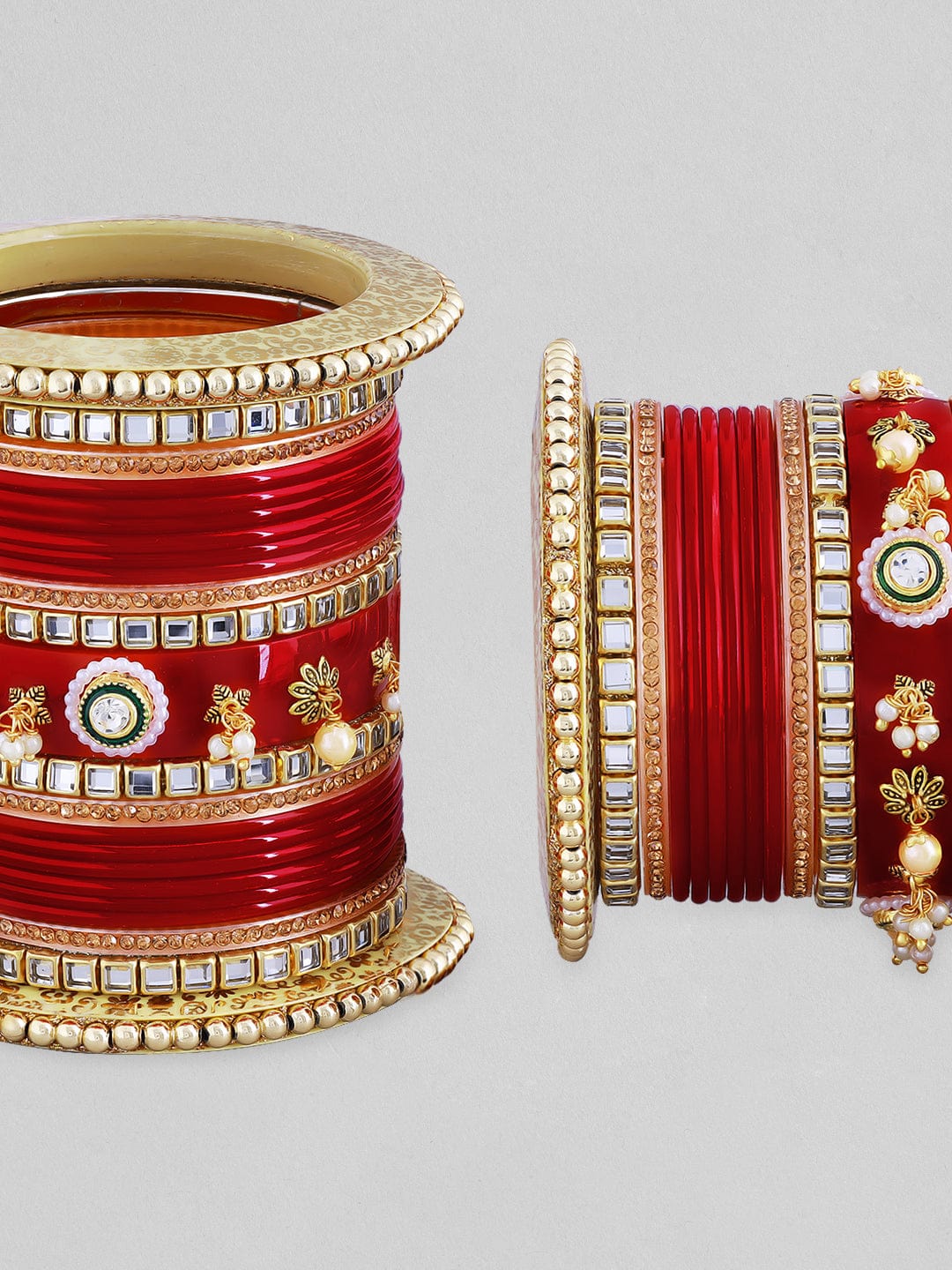 Rubans Red Chura With Golden And Green Enamel, White Stones And Pearls Bangles & Bracelets