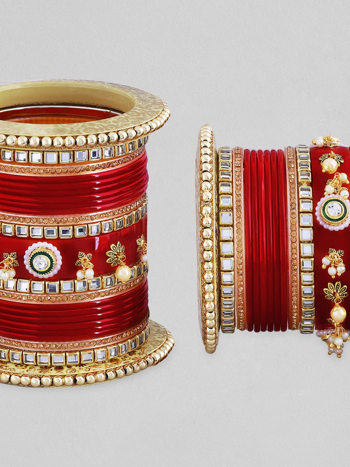 Rubans Red Chura With Golden And Green Enamel, White Stones And Pearls Bangles & Bracelets
