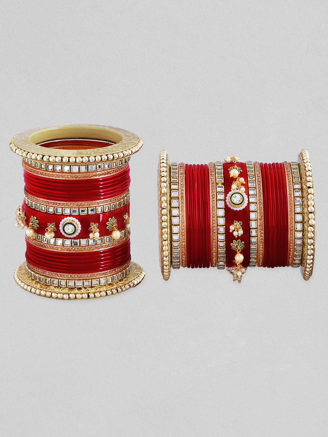 Rubans Red Chura With Golden And Green Enamel, White Stones And Pearls Bangles & Bracelets