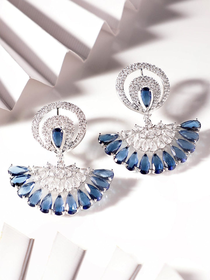 Rubans Rhodium Plated Blue Sapphire Zirconia Studded Chic Dangle Earrings Earrings