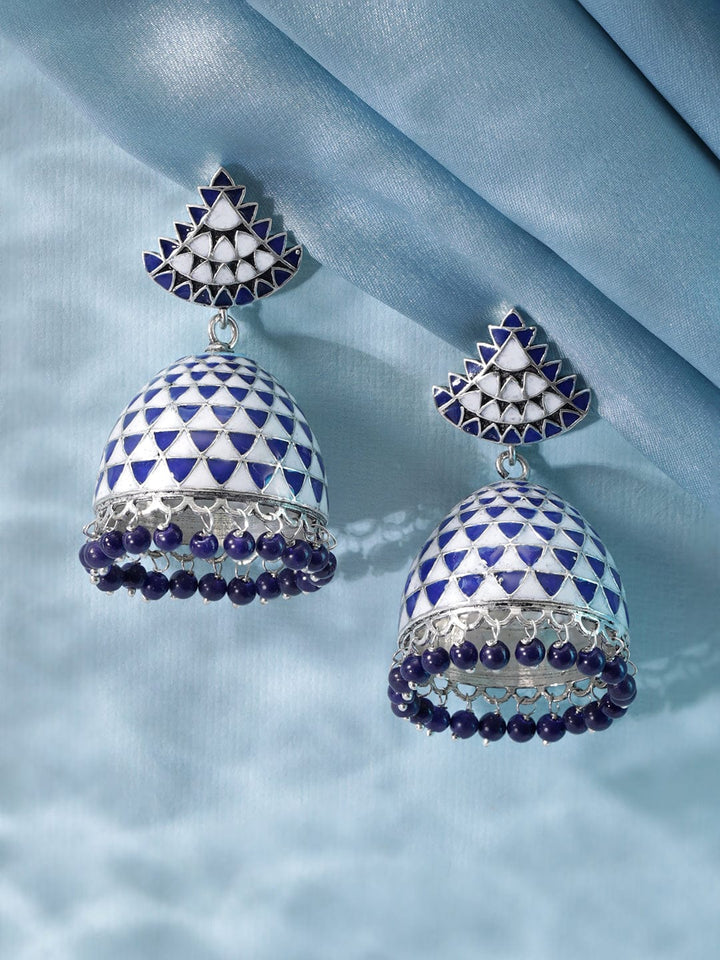 Rubans Rhodium plated blue & white enamel Jhumka Earring Earrings