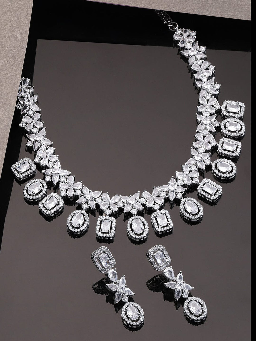 Rubans Rhodium-Plated Crystal Zirconia Studded Multilayered Lux Statement Choker Necklace Set Jewellery Sets