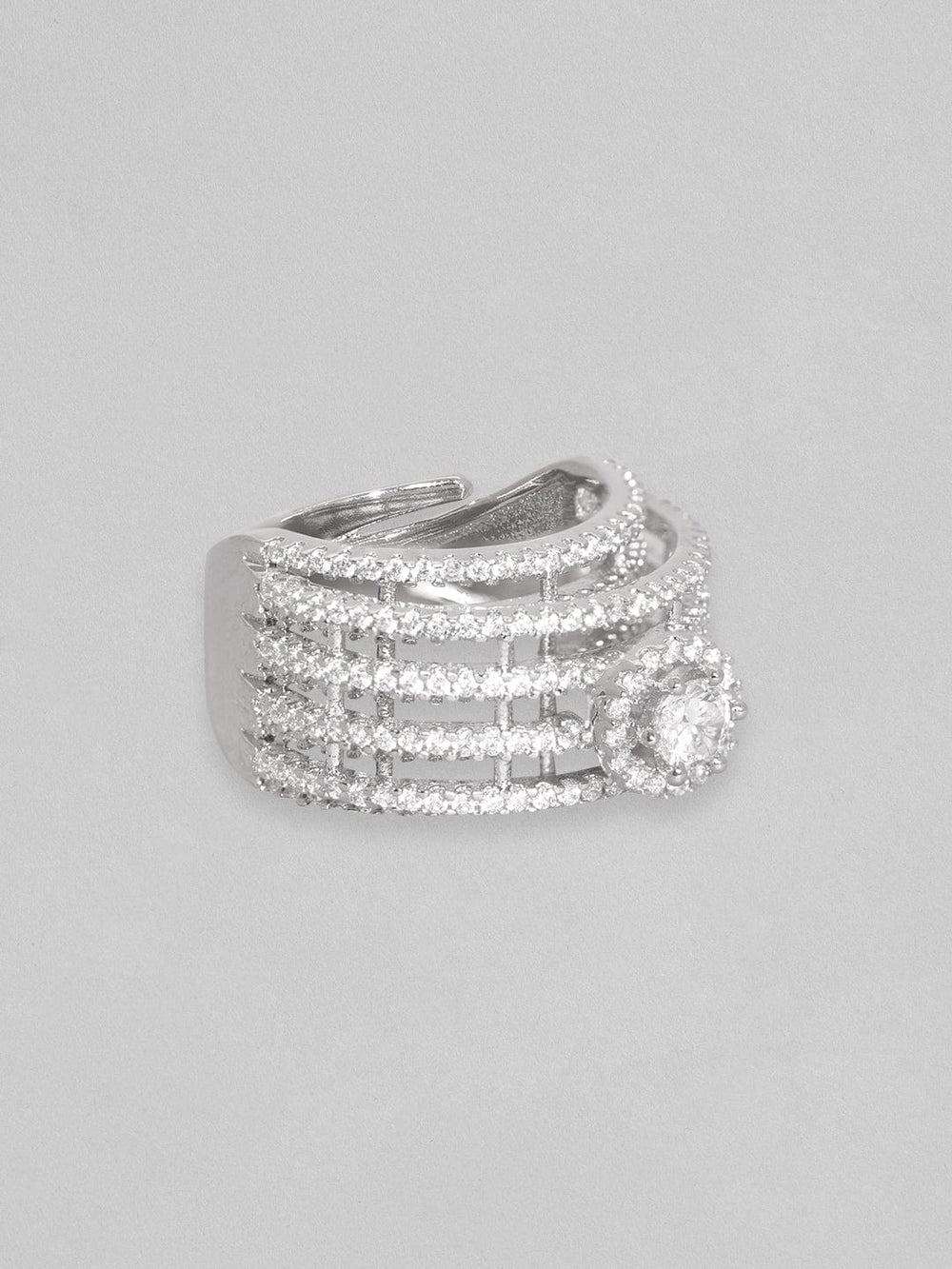 Rubans Rhodium-Plated & CZ-Studded Adjustable Finger Ring Rings