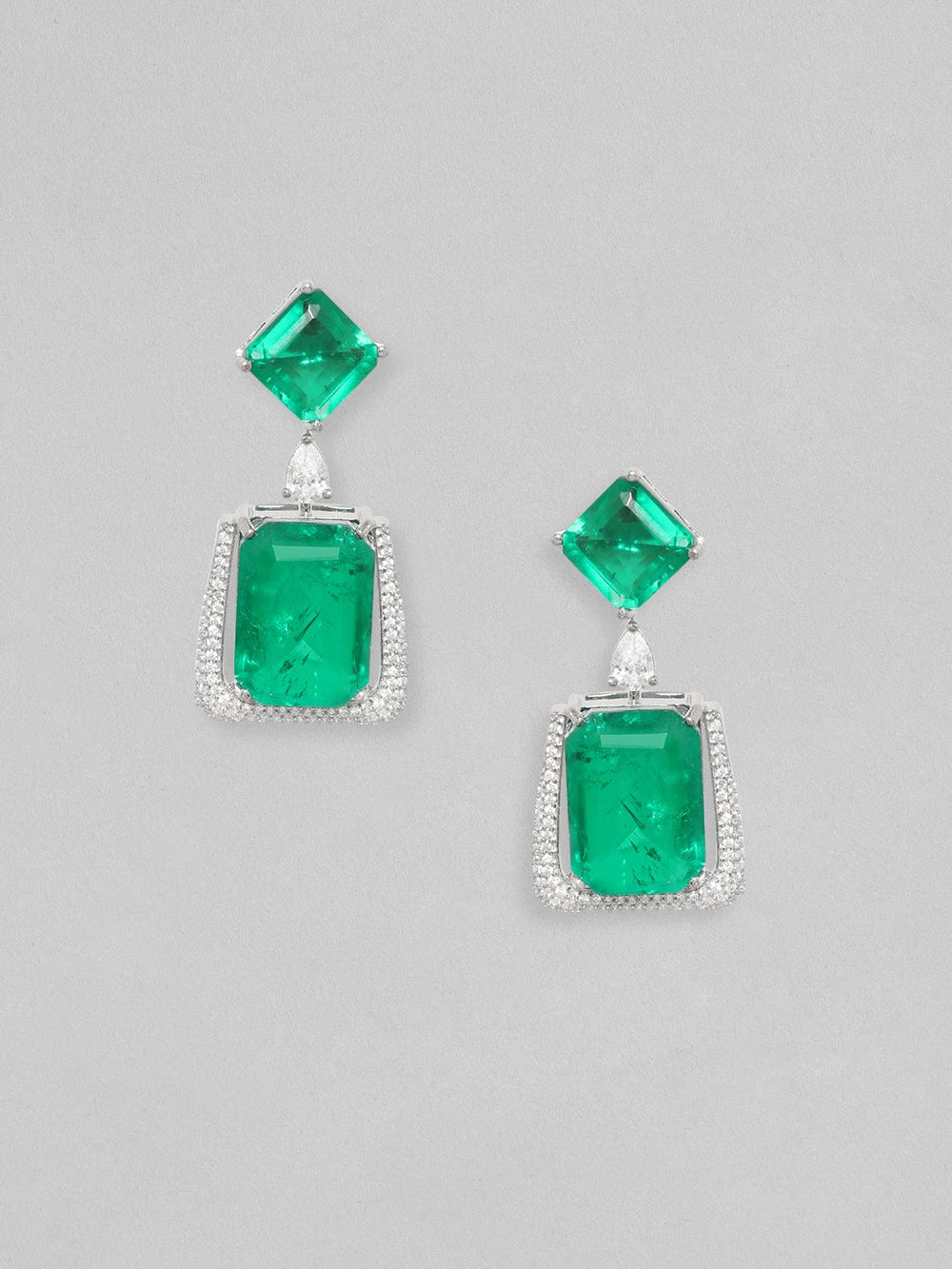 Rubans Rhodium Plated Emerald Green Doublet Dangle Earrings Earrings