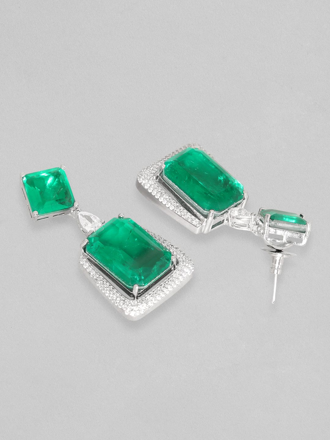 Rubans Rhodium Plated Emerald Green Doublet Dangle Earrings Earrings