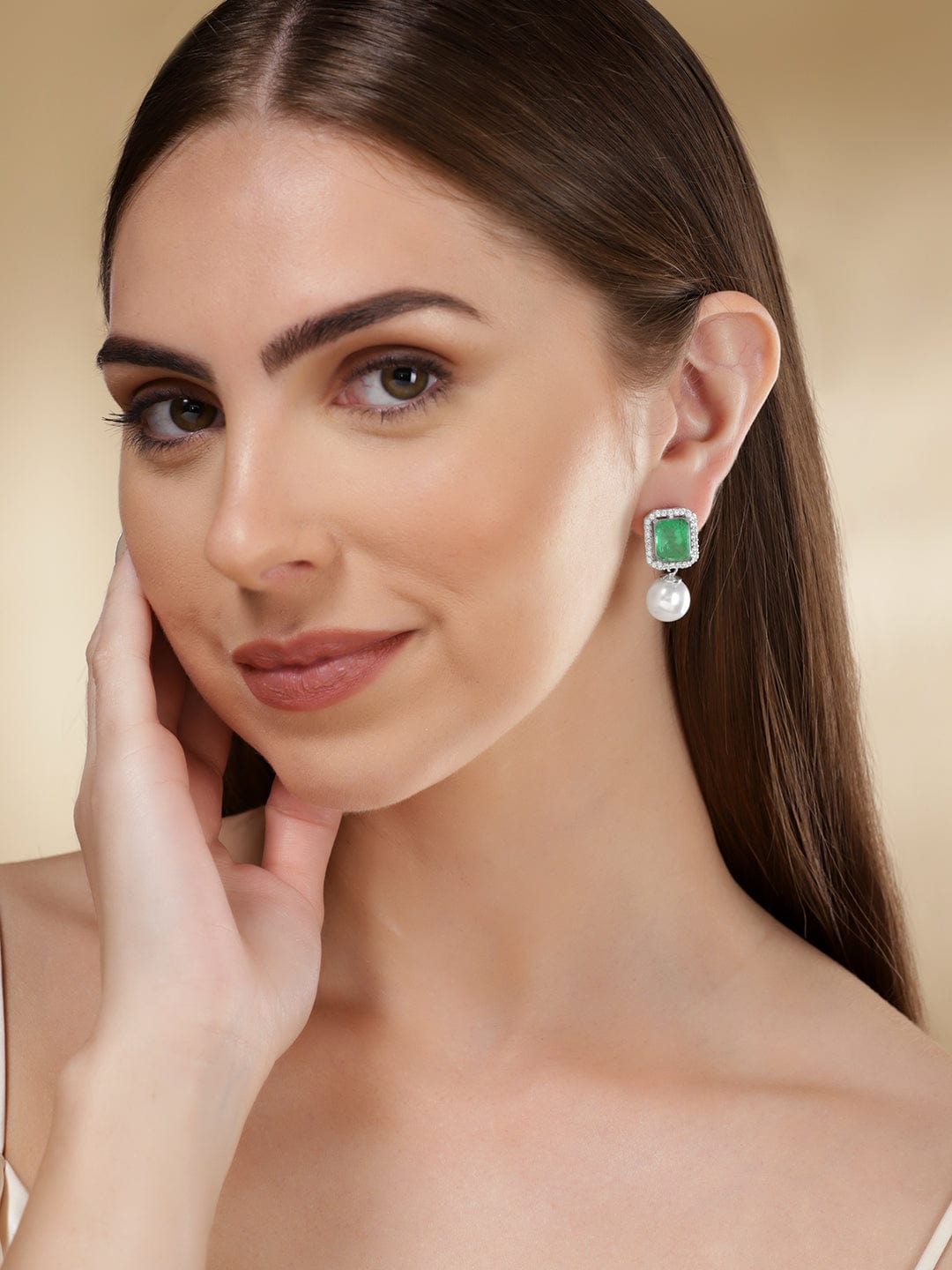 Rubans Rhodium Plated Emerald Green Doublet Pearl Drop Stud Earrings Earrings