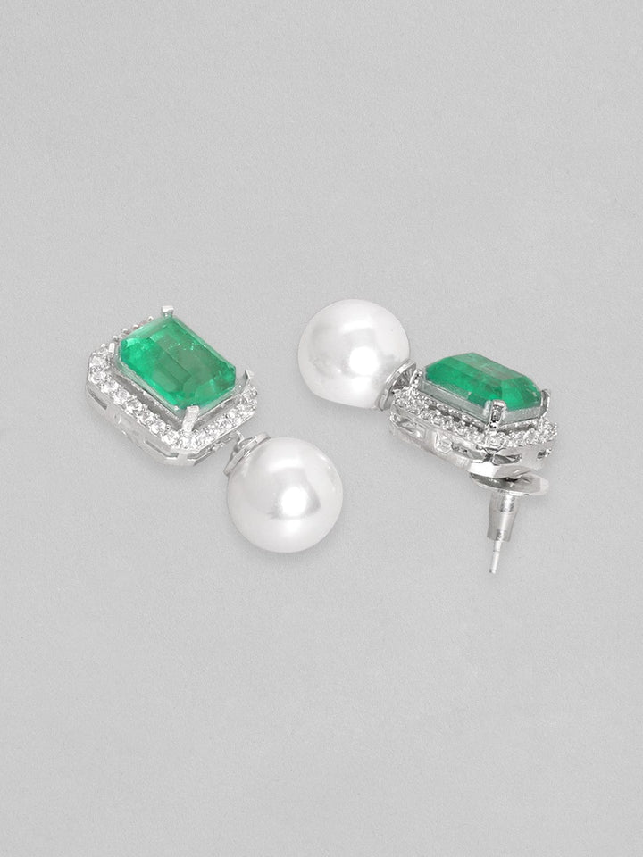 Rubans Rhodium Plated Emerald Green Doublet Pearl Drop Stud Earrings Earrings