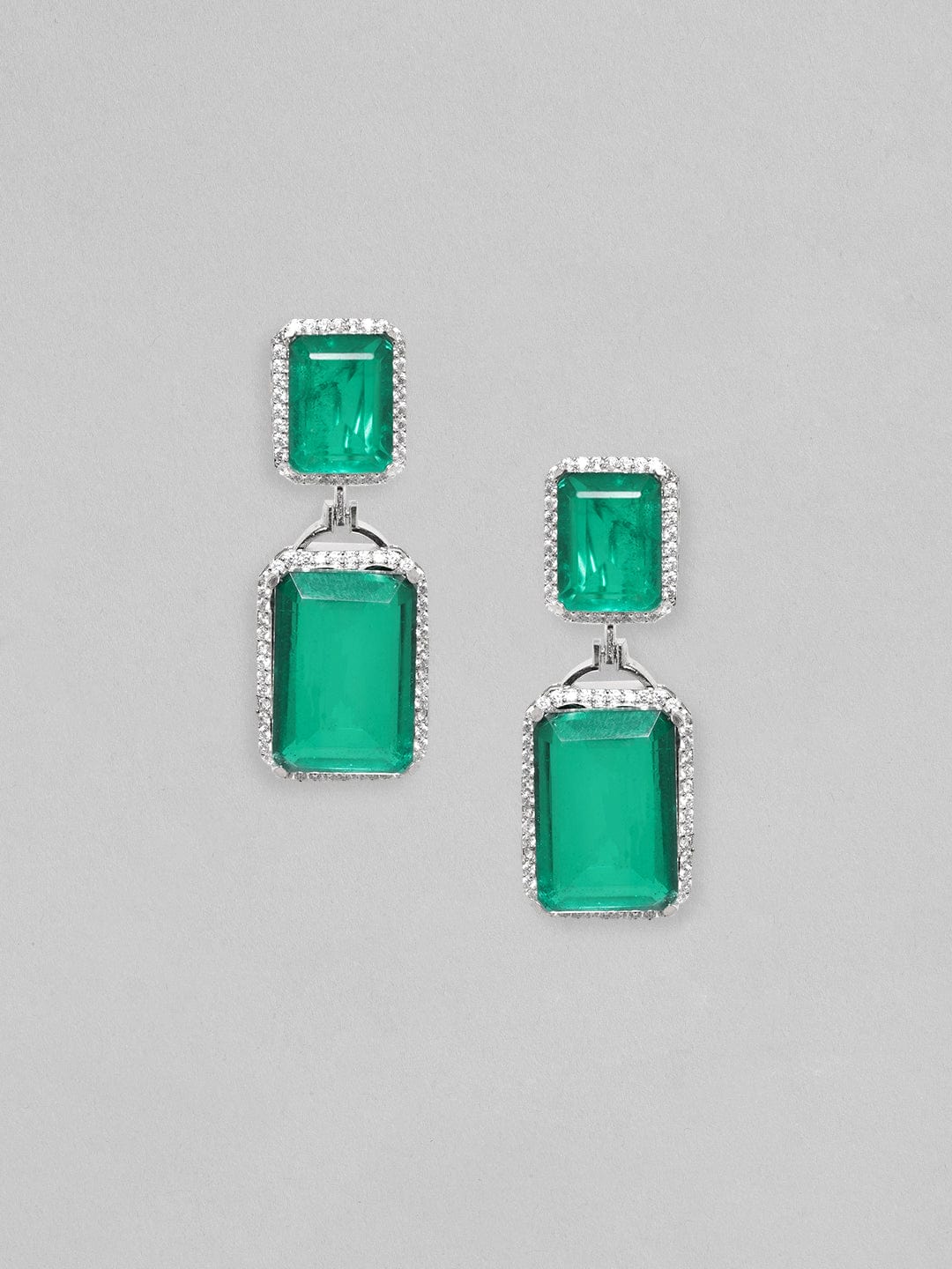 Rubans Rhodium Plated Emerald Green Doublet & Premium Zirconia Statement Dangle Earrings Earrings