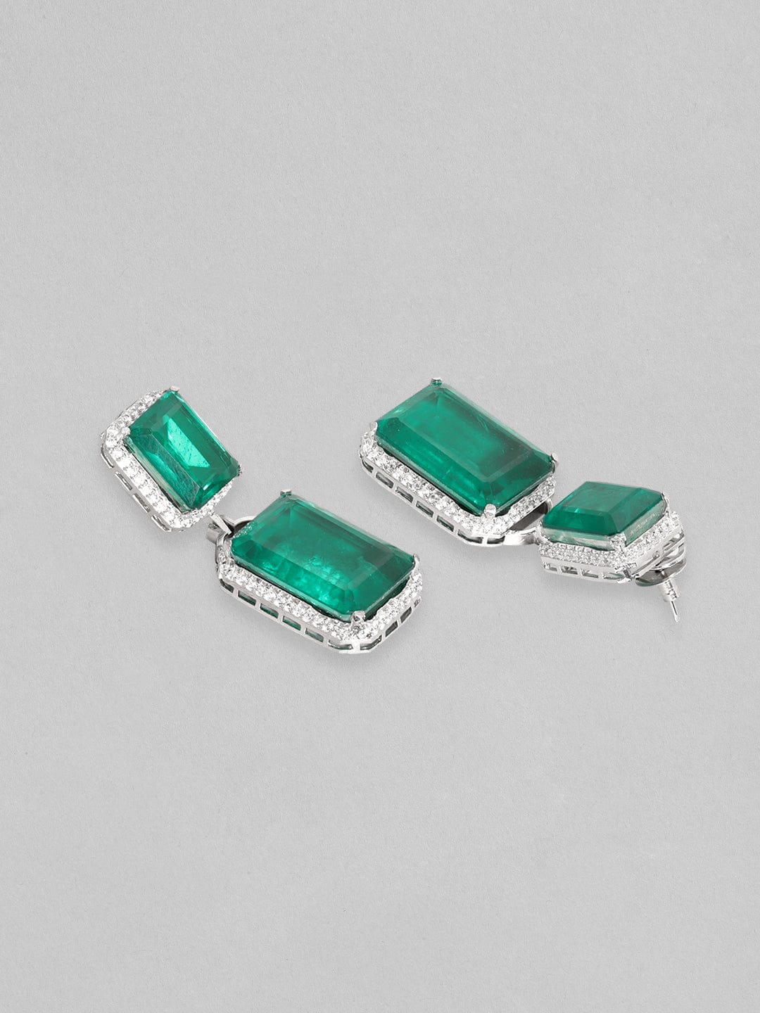 Rubans Rhodium Plated Emerald Green Doublet & Premium Zirconia Statement Dangle Earrings Earrings