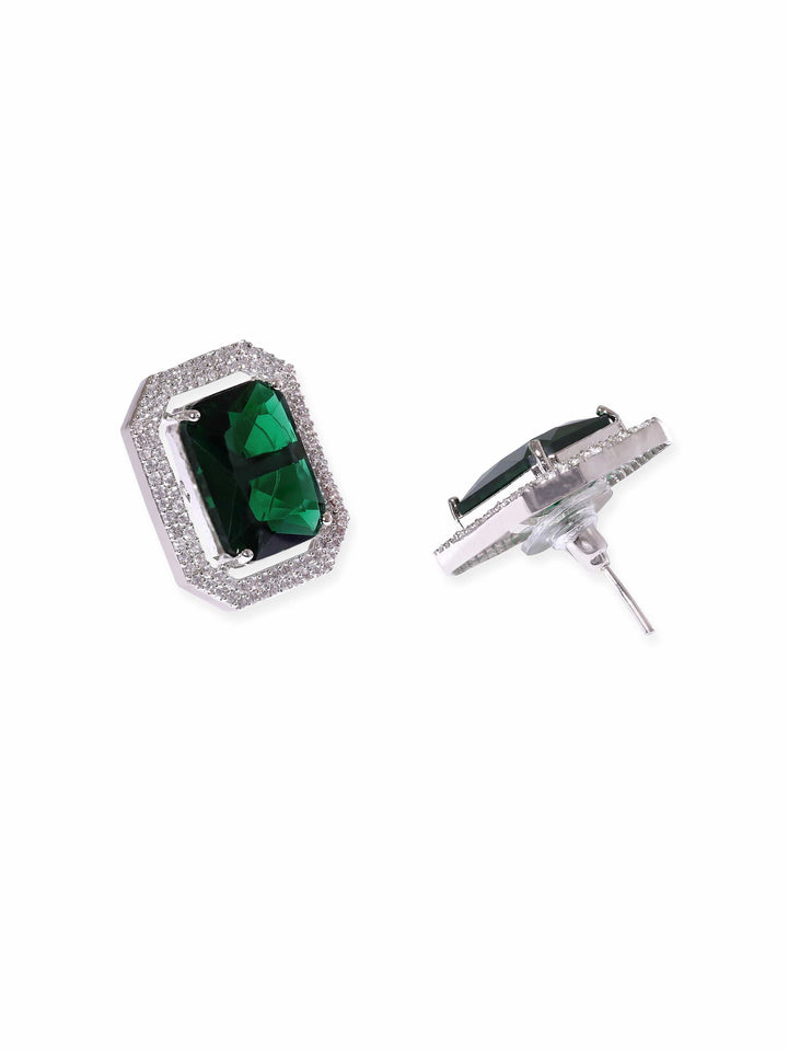 Rubans Rhodium Plated Emerald Green Zirconia Stud Earrings Earrings