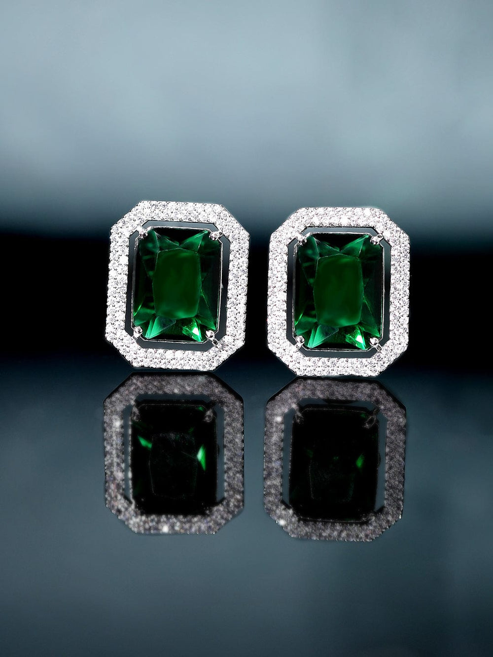 Rubans Rhodium Plated Emerald Green Zirconia Stud Earrings Earrings