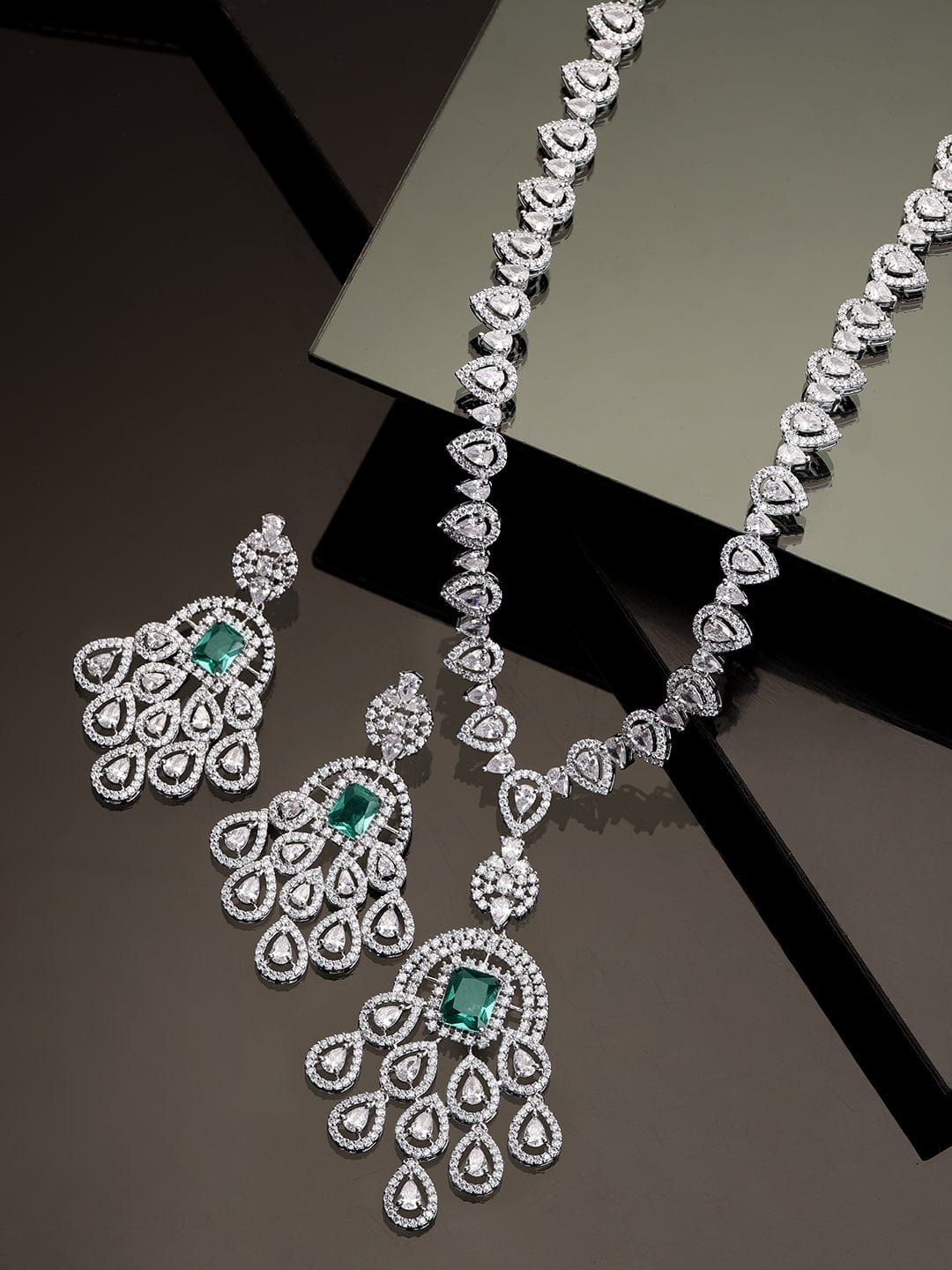 Rubans Rhodium plated emerald green zirconia studded luxury Pendant Necklace set Jewellery Sets