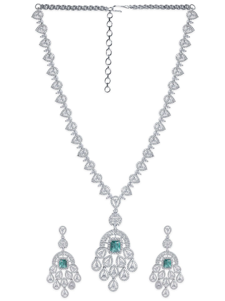 Rubans Rhodium plated emerald green zirconia studded luxury Pendant Necklace set Jewellery Sets