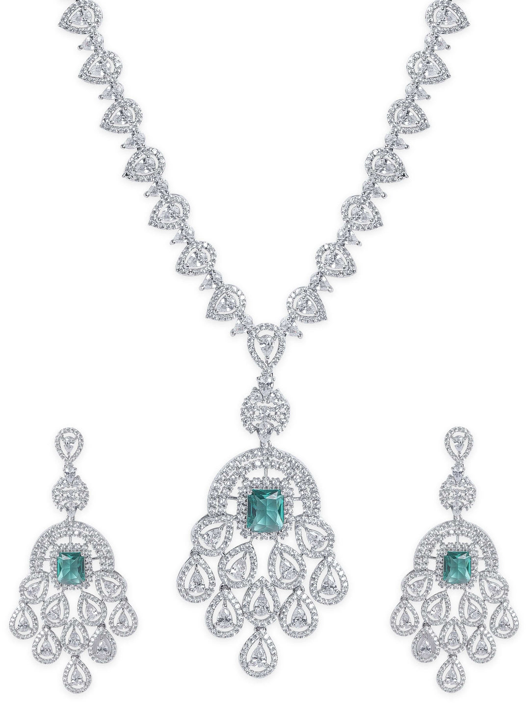 Rubans Rhodium plated emerald green zirconia studded luxury Pendant Necklace set Jewellery Sets