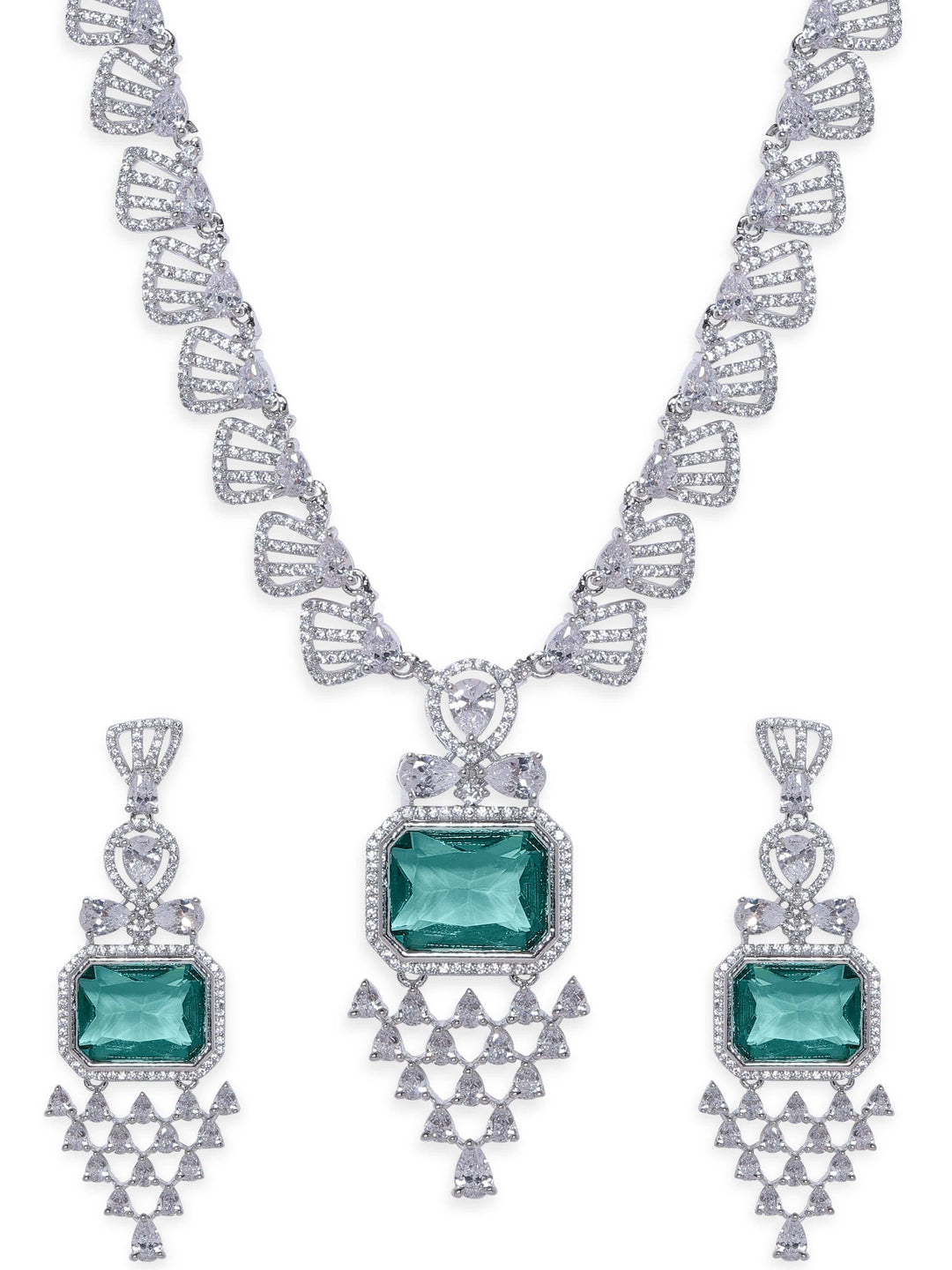 Rubans Rhodium Plated Emerald Green Zirconia Studded Pendant statement Necklace Set Jewellery Sets