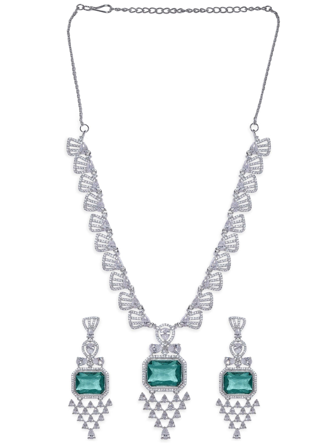 Rubans Rhodium Plated Emerald Green Zirconia Studded Pendant statement Necklace Set Jewellery Sets