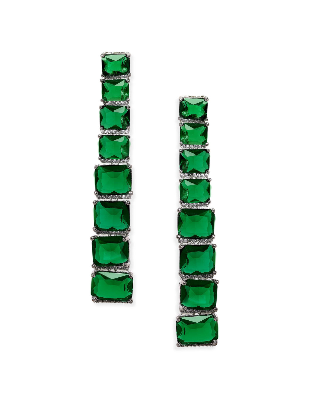 Rubans Rhodium Plated Emerald Green Zirconia Studded Statement Dangle Earrings Earrings