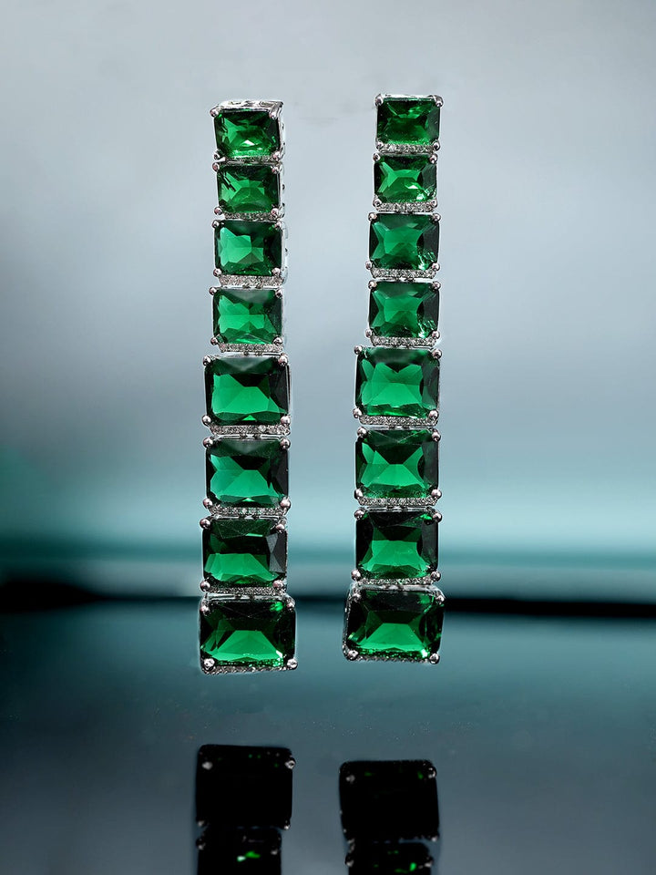 Rubans Rhodium Plated Emerald Green Zirconia Studded Statement Dangle Earrings Earrings