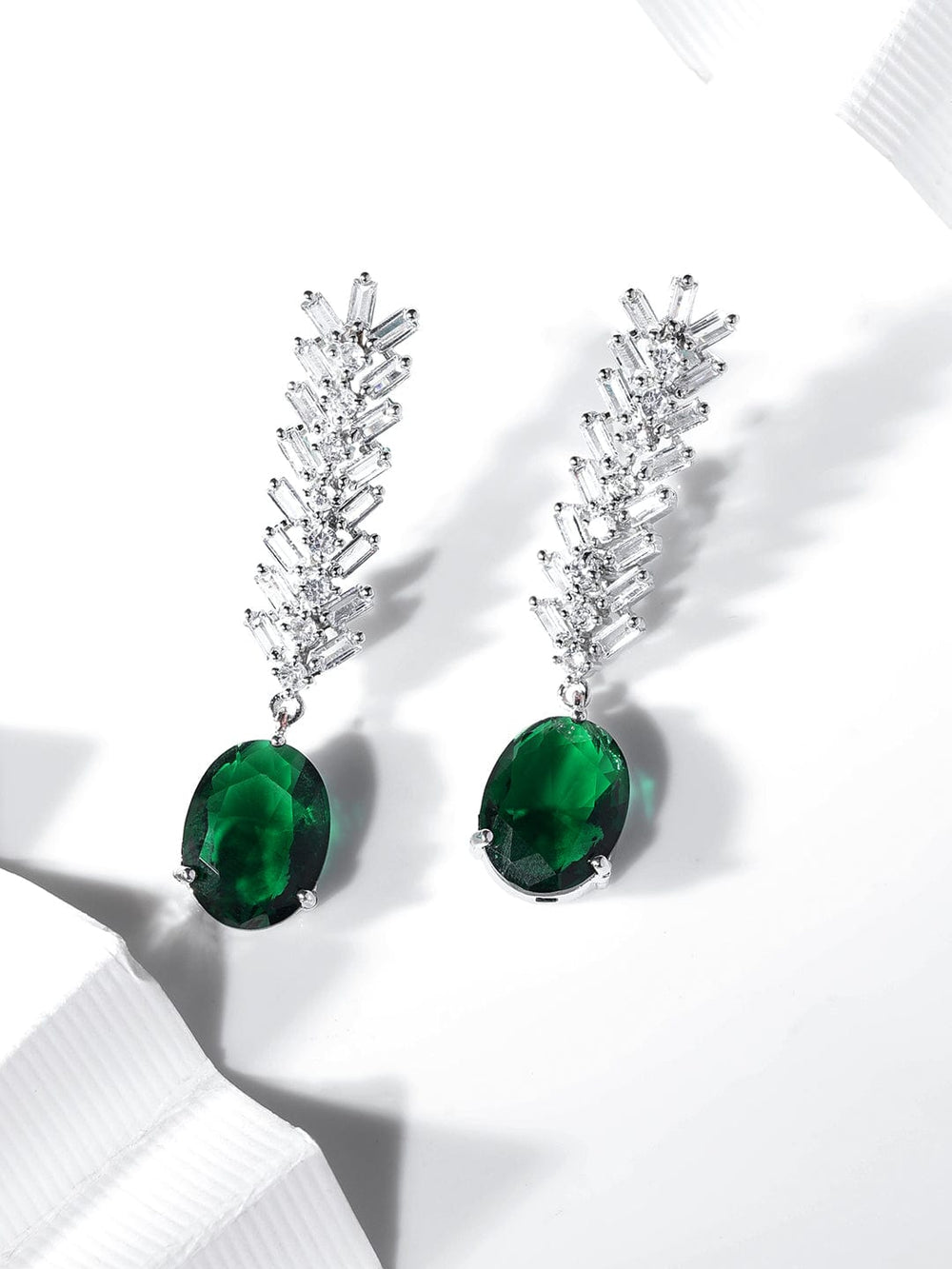 Rubans Rhodium Plated Emerald Green Zirconia Teardrop Classy Earring Earrings