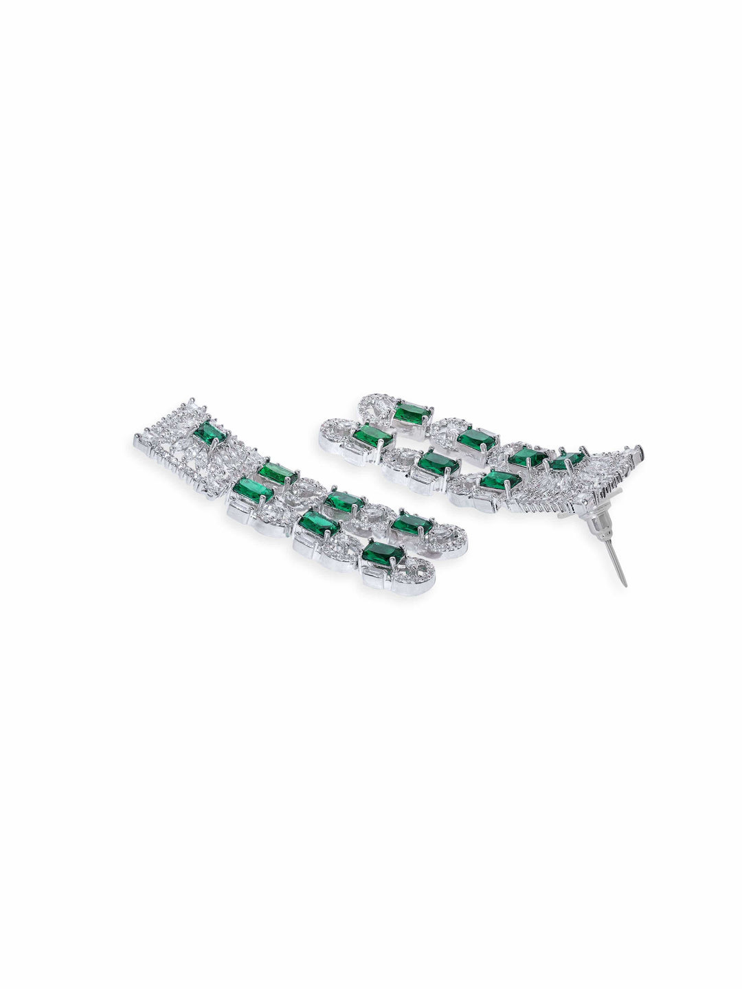 Rubans Rhodium Plated Green Zirconia Tri-Layer Luxury Necklace Set Jewellery Sets