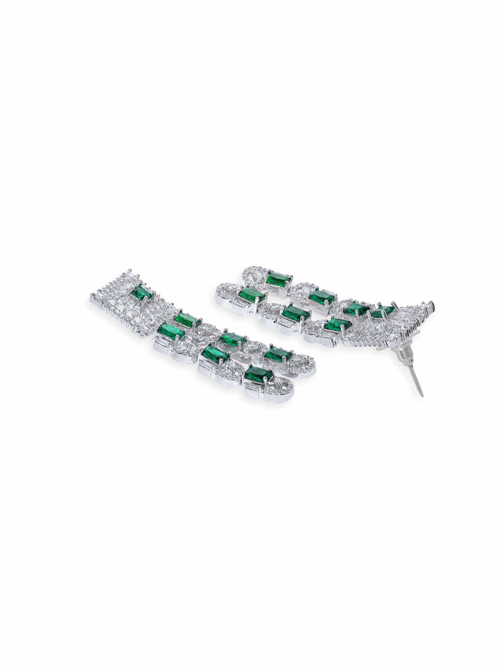 Rubans Rhodium Plated Green Zirconia Tri-Layer Luxury Necklace Set Jewellery Sets